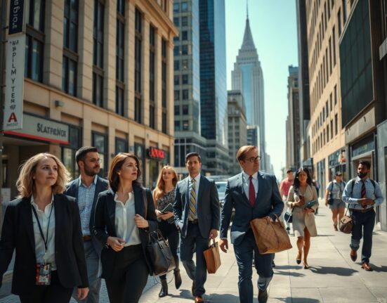Commuters walking on a city street with a financial district backdrop, representing the July jobs report.