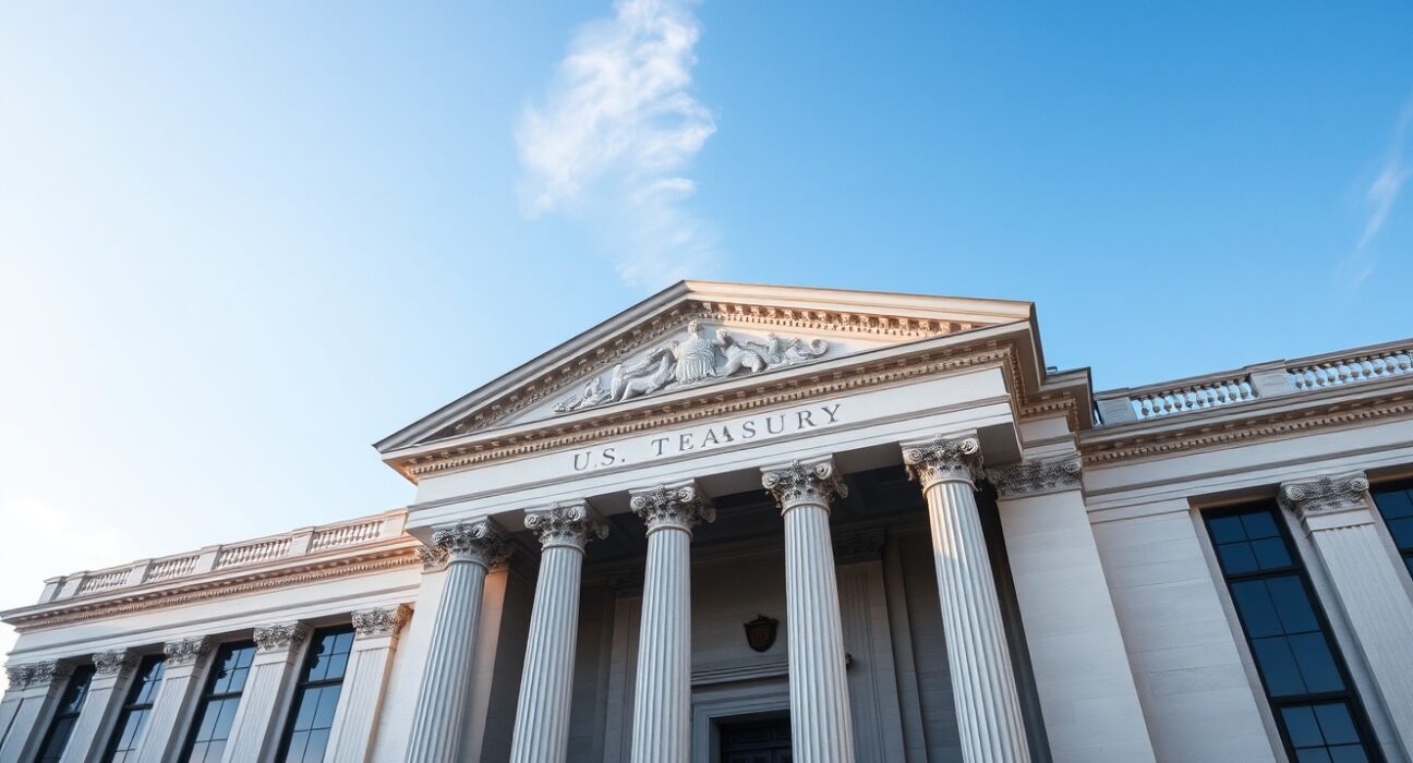 Exterior view of the U.S. Treasury Building in Washington, D.C., under a clear sky.