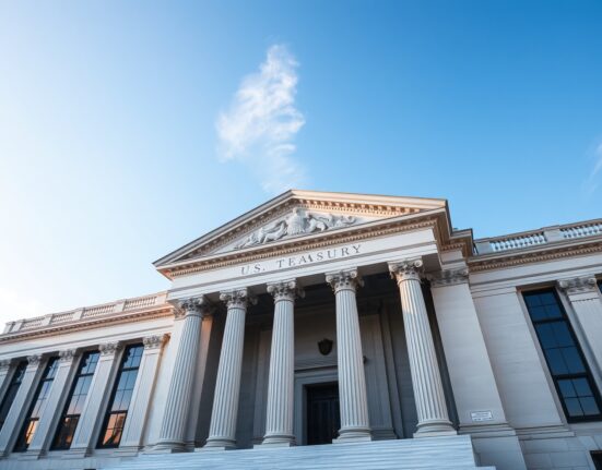 Exterior view of the U.S. Treasury Building in Washington, D.C., under a clear sky.