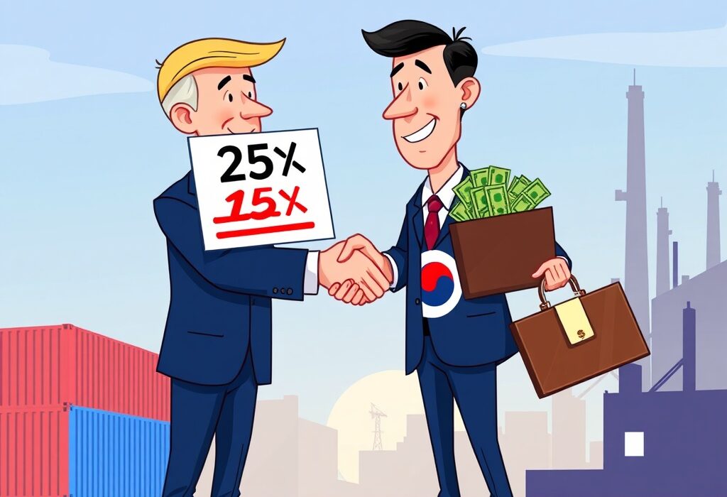 Cartoon illustration symbolizing the successful negotiation of US-South Korea trade tariffs, highlighting the reduced rates and significant investment.