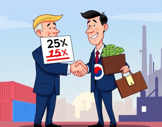 Cartoon illustration symbolizing the successful negotiation of US-South Korea trade tariffs, highlighting the reduced rates and significant investment.
