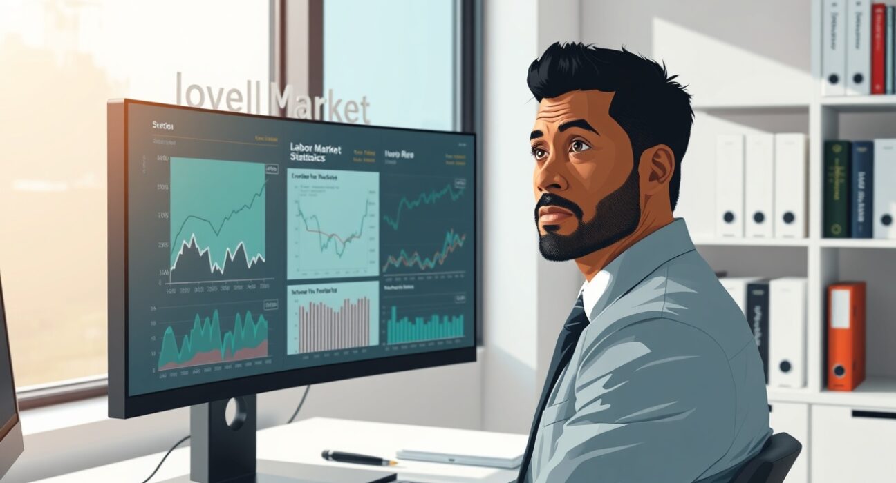 Economic analyst reviewing US labor market data and Federal Reserve policy charts in professional office setting