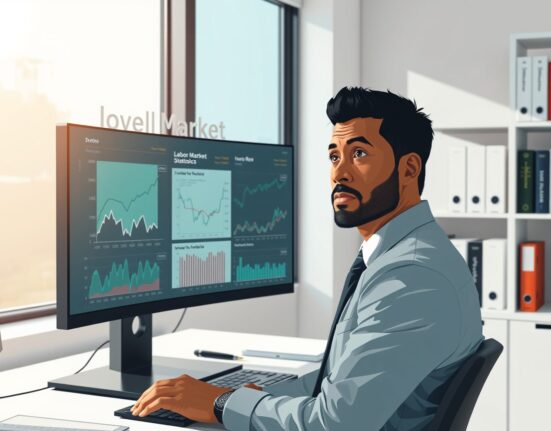 Economic analyst reviewing US labor market data and Federal Reserve policy charts in professional office setting