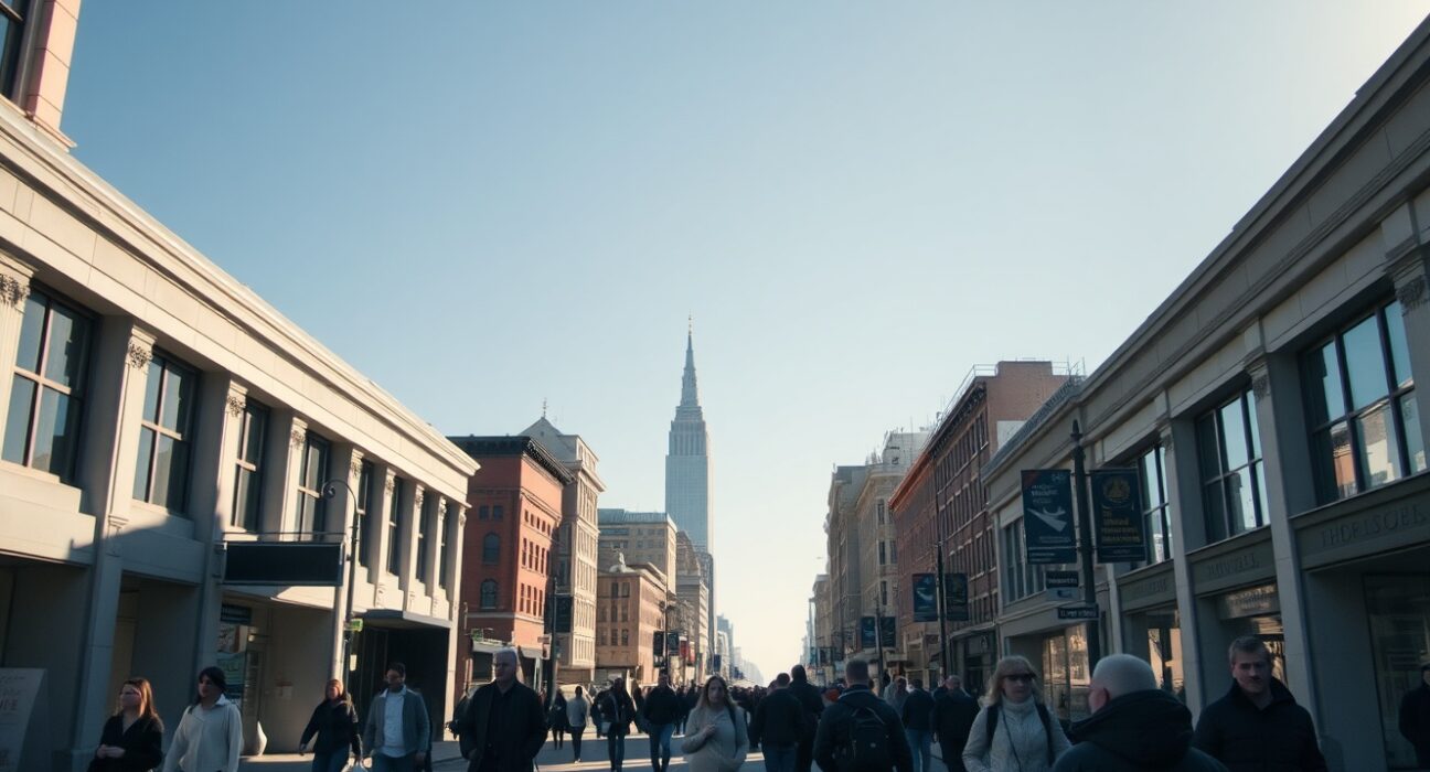 Busy US city street during workday with commuters and empty storefronts, representing labor market conditions.