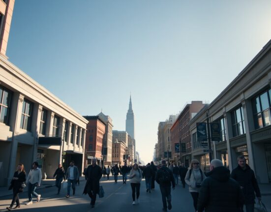 Busy US city street during workday with commuters and empty storefronts, representing labor market conditions.