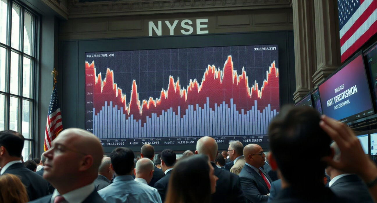 Traders on a busy floor with a large screen showing market charts ahead of key US jobs data
