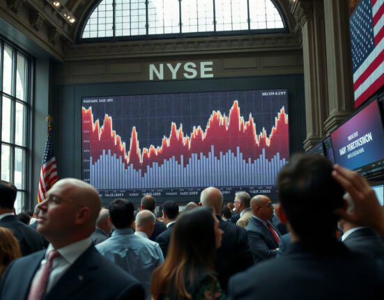 Traders on a busy floor with a large screen showing market charts ahead of key US jobs data