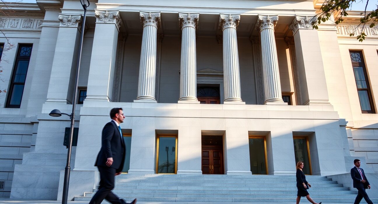 Exterior of the Federal Reserve building in Washington, D.C., on a sunny day.