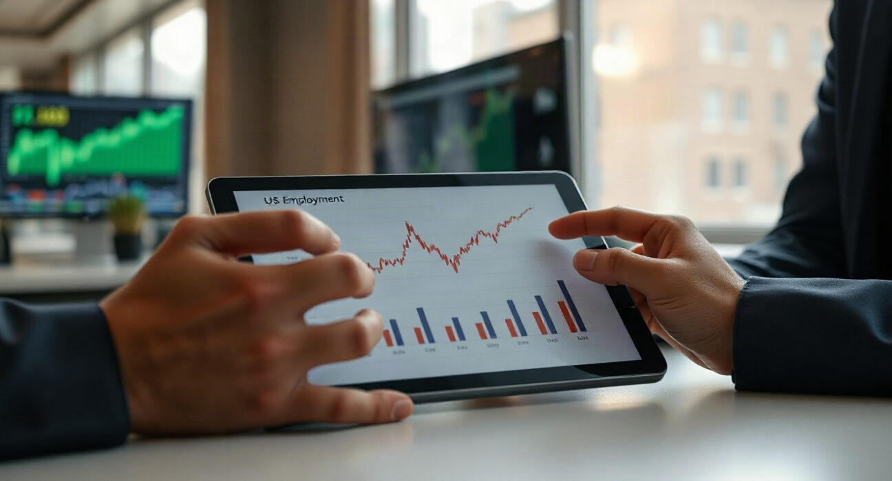 Economist reviewing US labour market charts on a tablet in a modern office