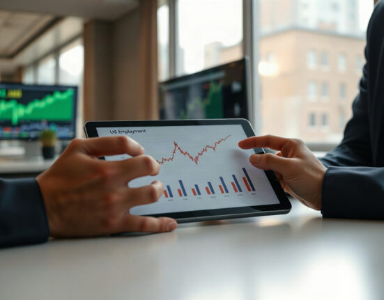 Economist reviewing US labour market charts on a tablet in a modern office