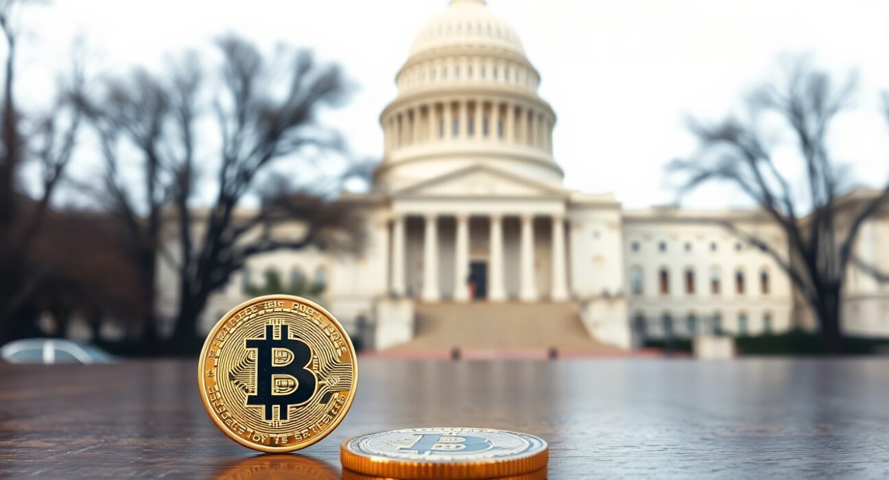 Bitcoin coin on table in front of US Capitol building, representing cryptocurrency legislation.