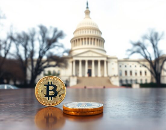 Bitcoin coin on table in front of US Capitol building, representing cryptocurrency legislation.