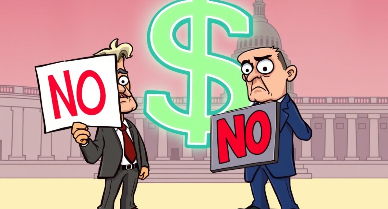 Cartoon illustration of a US lawmaker proposing a CBDC ban against a futuristic digital dollar symbol.