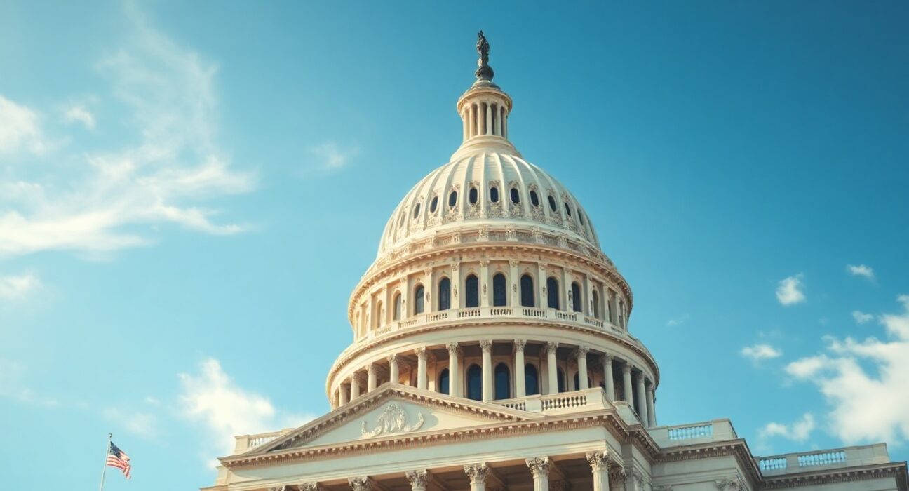US Capitol building on a sunny day, symbolizing legislative negotiations on the Clarity Act for crypto regulation.