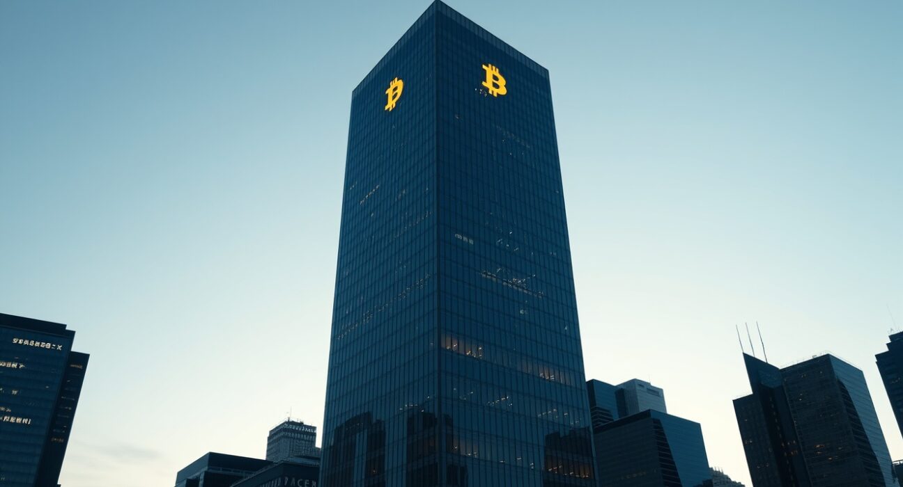 Corporate skyline with Bitcoin symbol on glass building, representing U.S. public company Bitcoin holdings