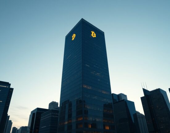 Corporate skyline with Bitcoin symbol on glass building, representing U.S. public company Bitcoin holdings