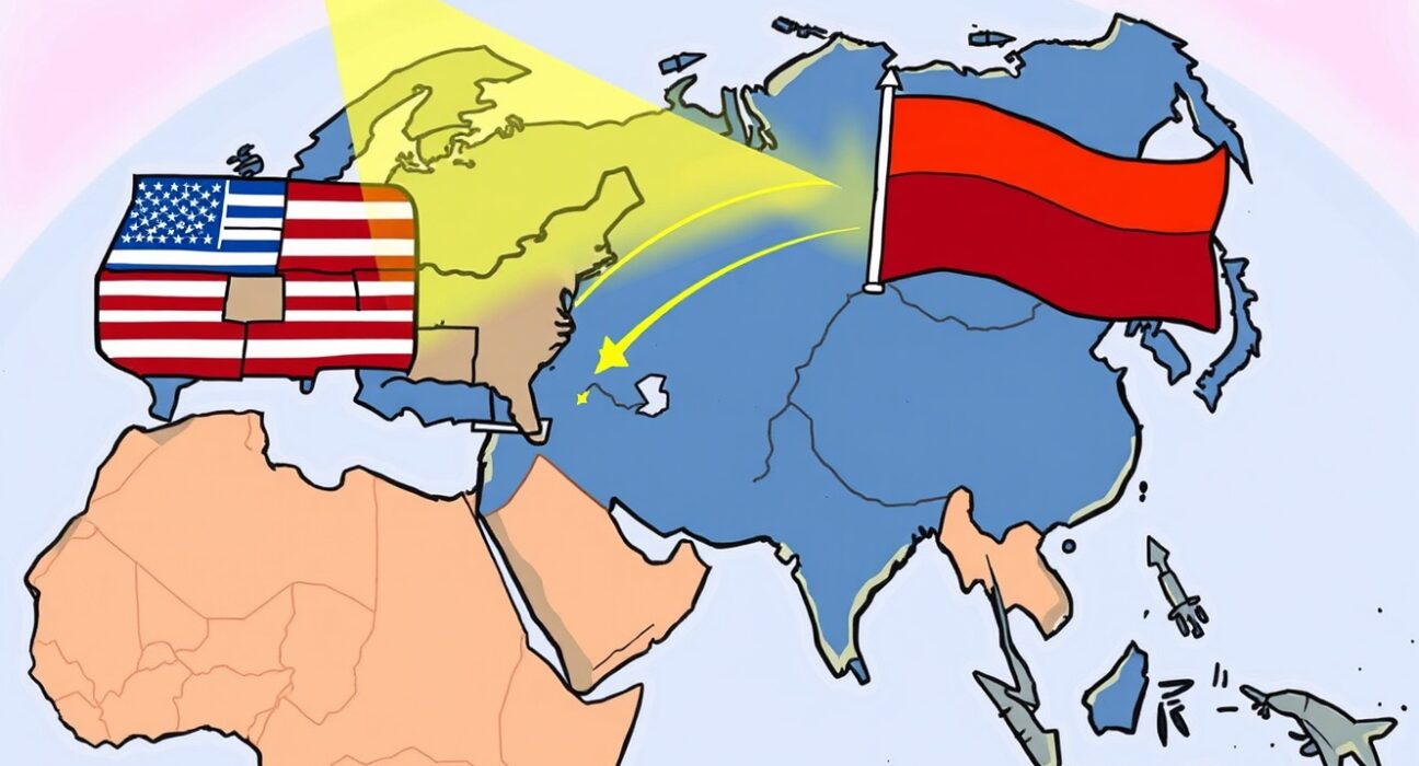 A cartoon illustration of a map showing Russia and the US, with arrows indicating potential movement of US long-range weapons. This visual highlights the significant policy shift regarding US long-range weapons.