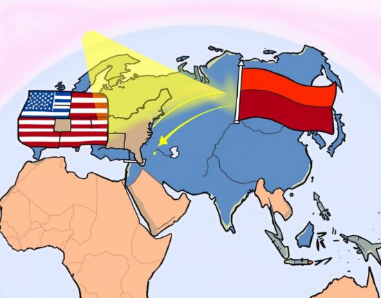 A cartoon illustration of a map showing Russia and the US, with arrows indicating potential movement of US long-range weapons. This visual highlights the significant policy shift regarding US long-range weapons.