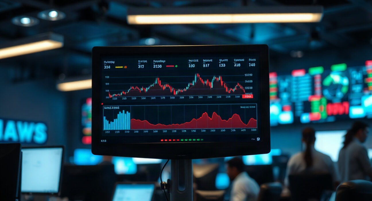 Financial data dashboard on a computer screen in a newsroom setting, representing upcoming U.S. economic data releases.