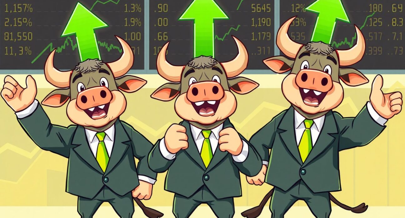 US major indexes showing strong upward momentum with cheerful bull characters celebrating market gains