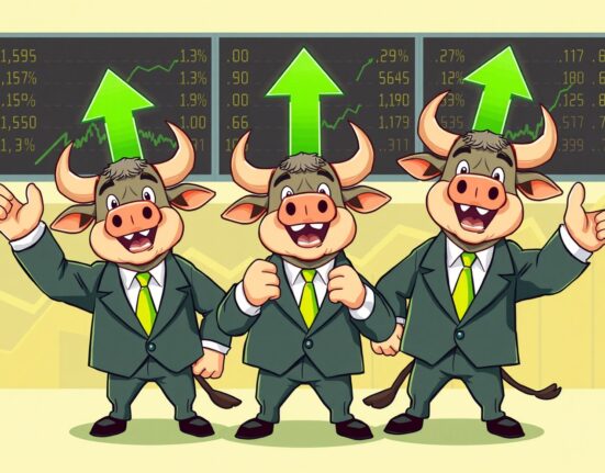 US major indexes showing strong upward momentum with cheerful bull characters celebrating market gains
