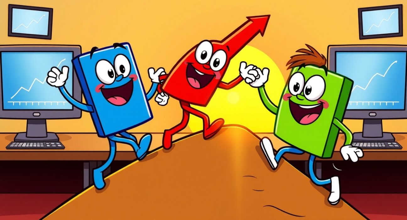 Cartoon illustration of US major indexes opening slightly higher, represented by cheerful mascots climbing a hill at sunrise.