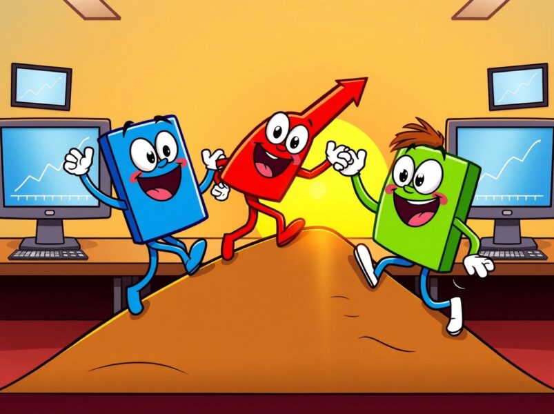 Cartoon illustration of US major indexes opening slightly higher, represented by cheerful mascots climbing a hill at sunrise.