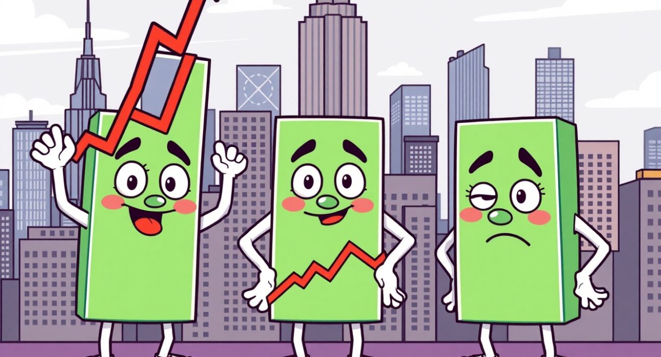 Cartoon illustration showing US major indices close mixed with diverging stock charts.