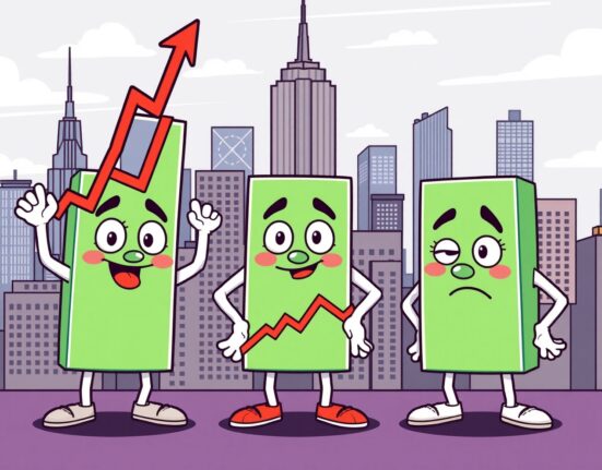 Cartoon illustration showing US major indices close mixed with diverging stock charts.