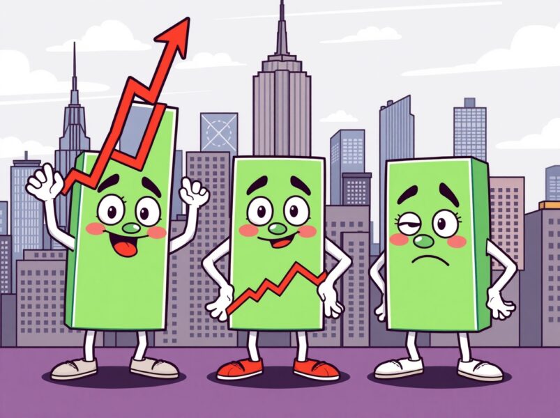 Cartoon illustration showing US major indices close mixed with diverging stock charts.