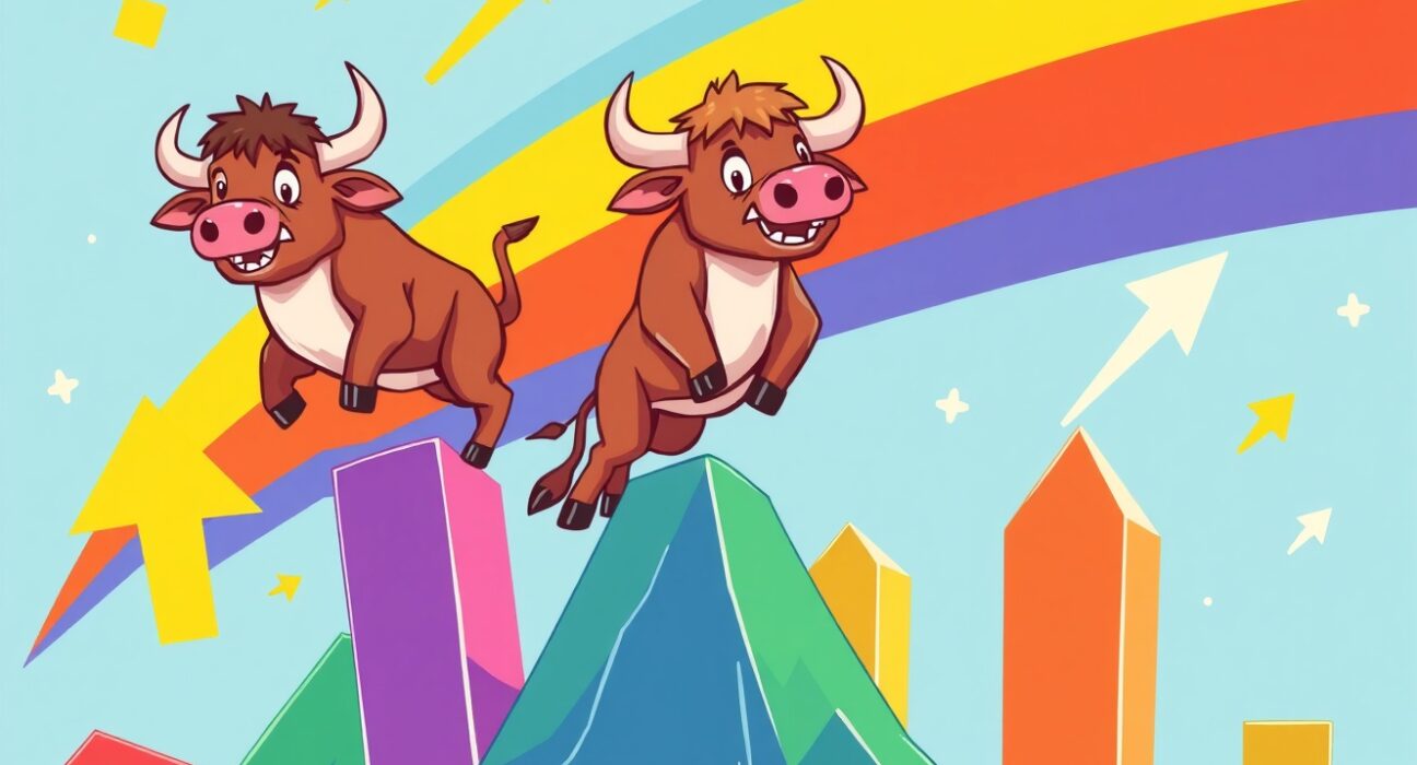US major indices showing strong upward momentum with cheerful bulls climbing market graphs
