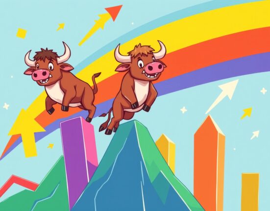 US major indices showing strong upward momentum with cheerful bulls climbing market graphs