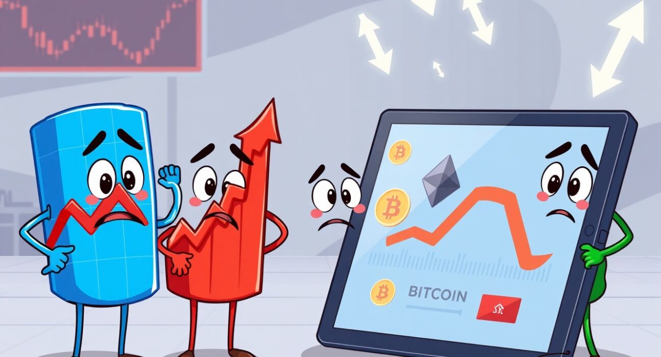 Animated chart characters show US major indices trending down next to crypto symbols.