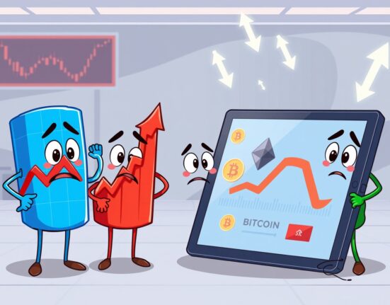 Animated chart characters show US major indices trending down next to crypto symbols.