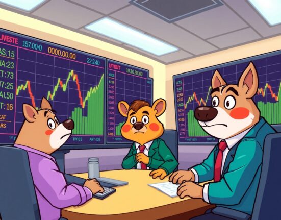 US major indices showing downward trend in vibrant cartoon stock market illustration