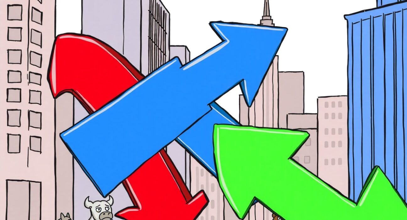 A cartoon illustration showing US major indices open lower with downward trending arrows over Wall Street.