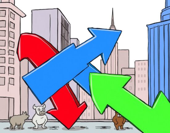 A cartoon illustration showing US major indices open lower with downward trending arrows over Wall Street.