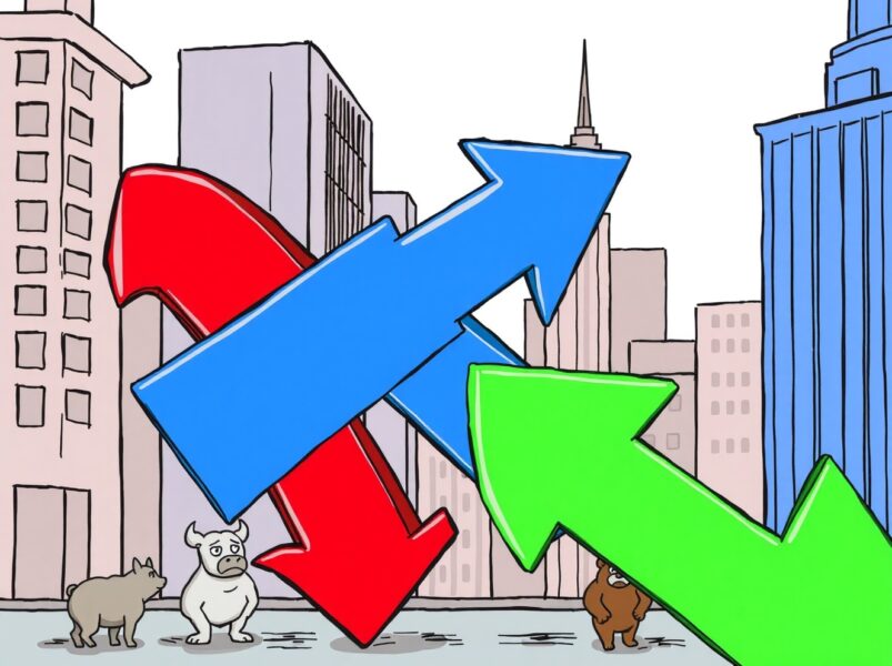 A cartoon illustration showing US major indices open lower with downward trending arrows over Wall Street.