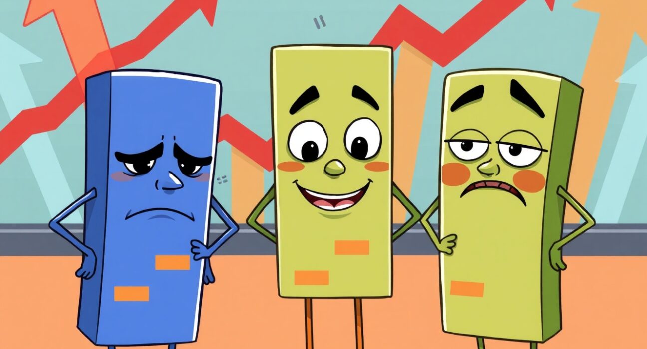 Cartoon illustration showing US major indices open mixed with diverging market performance