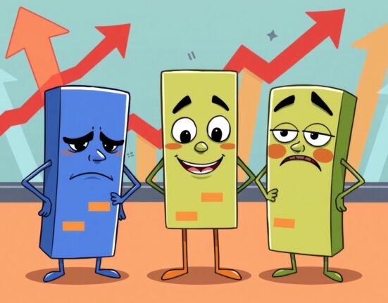 Cartoon illustration showing US major indices open mixed with diverging market performance