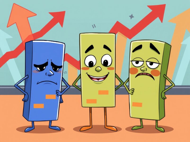 Cartoon illustration showing US major indices open mixed with diverging market performance