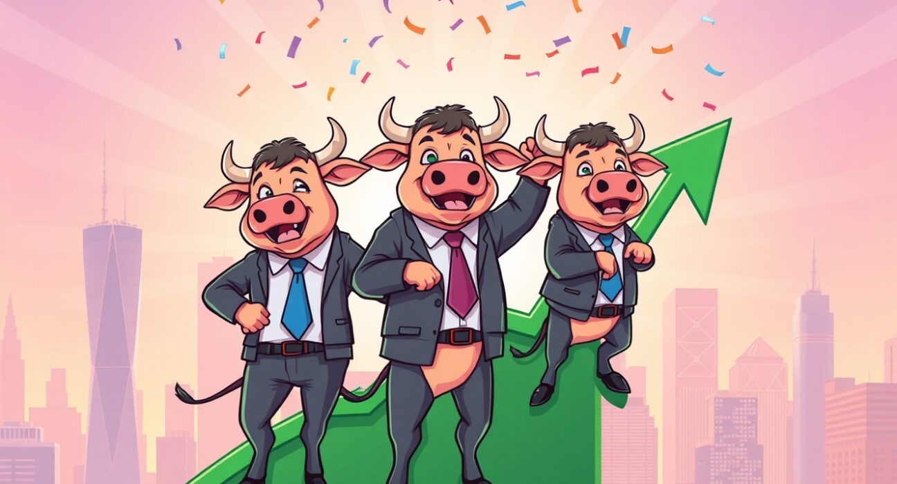 Cartoon bulls celebrating as US major stock indices surge upward on a green graph