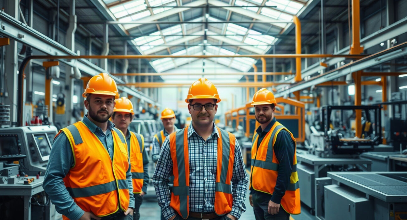 Workers on a factory floor with machinery, representing US manufacturing employment trends.