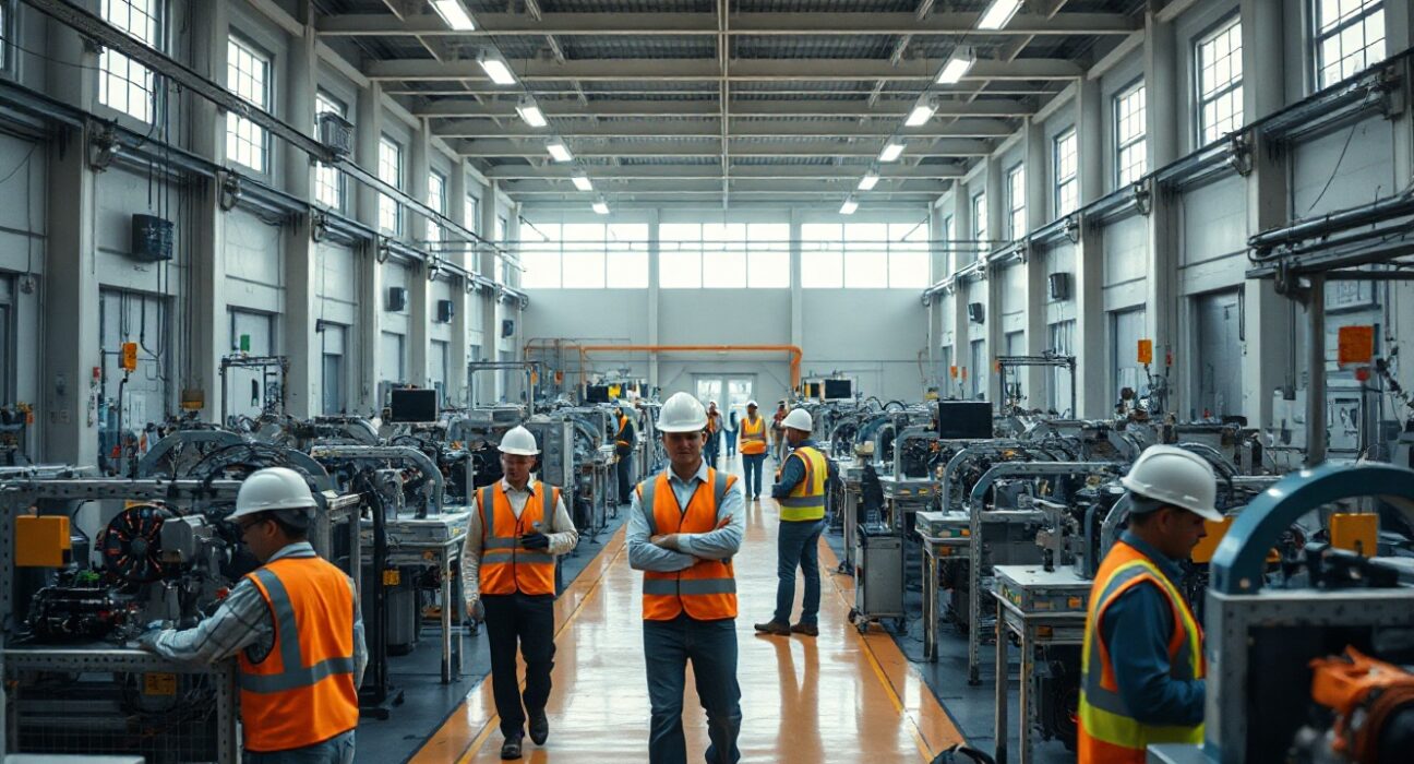 Workers on a modern factory floor in the US, representing manufacturing employment growth in July.