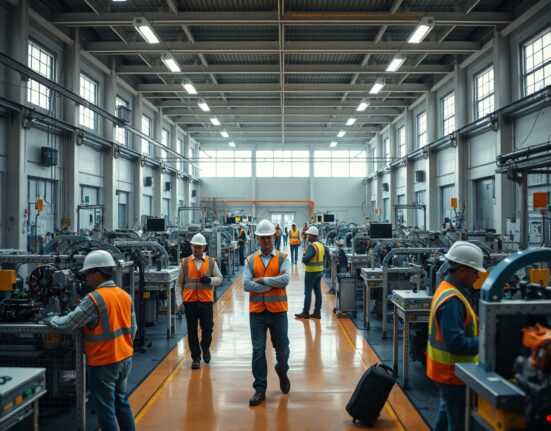 Workers on a modern factory floor in the US, representing manufacturing employment growth in July.