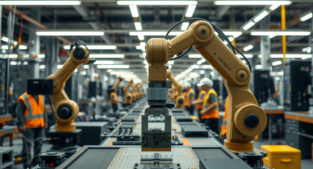 Robotic arm on a U.S. factory floor assembling electronic components, representing manufacturing resilience.