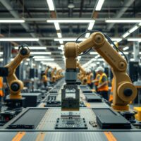Robotic arm on a U.S. factory floor assembling electronic components, representing manufacturing resilience.
