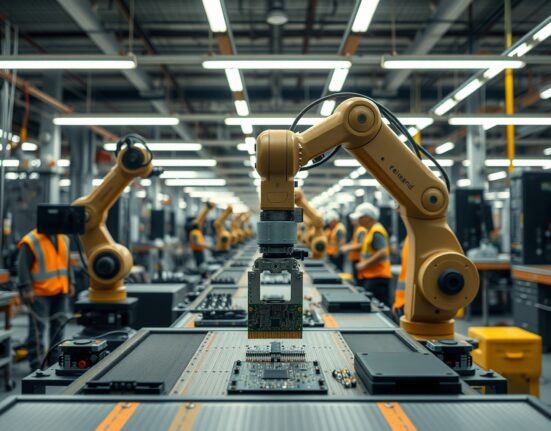 Robotic arm on a U.S. factory floor assembling electronic components, representing manufacturing resilience.