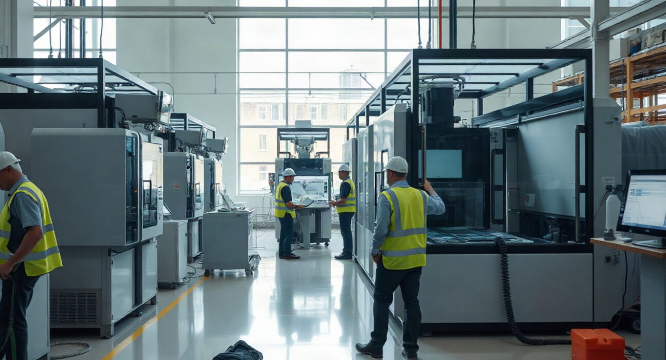 Factory floor with workers and machinery, representing US manufacturing activity