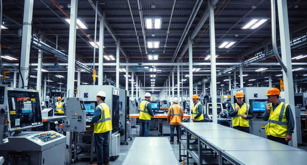 Interior of a modern manufacturing facility with automated machinery and workers, representing US factory activity.